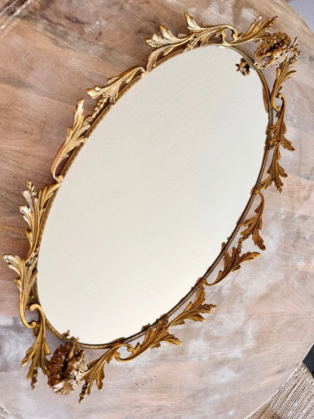 Vintage French Gold Tone Brass Ormolu Cherub Bird Scroll Vanity Mirror